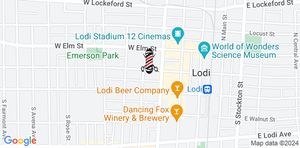 Map showing the location of Stay Sharp Barbershop in downtown Lodi, CA